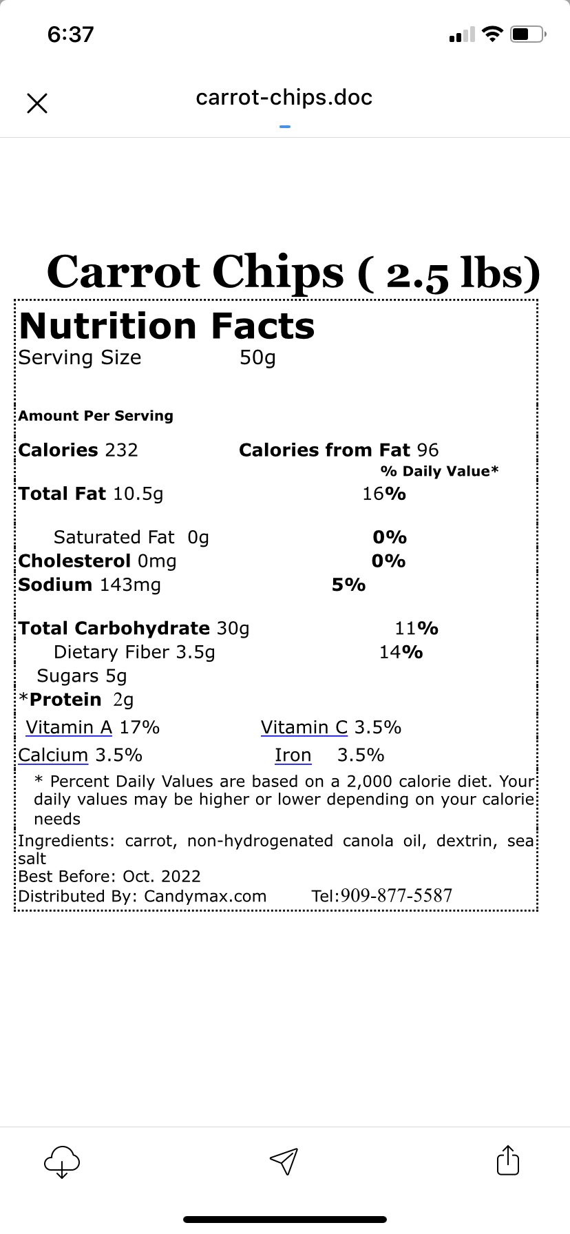 Dried Carrot Chips, 15 lbs / case